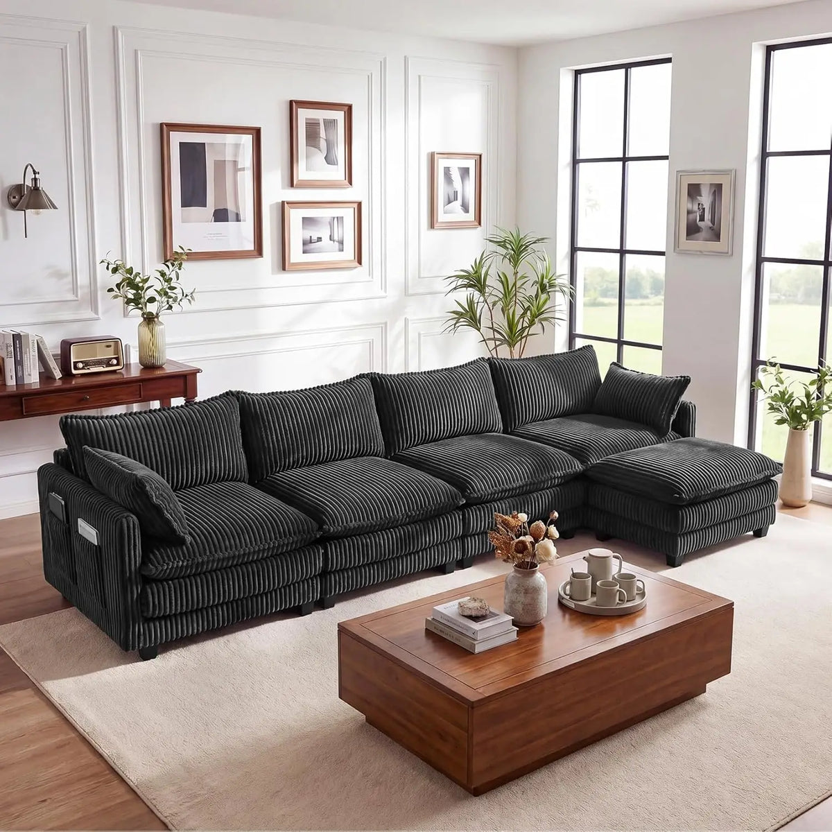 143" L Shape Modular Sectional Sofa Corduroy Upholstery Cloud Living Room 3 Seat Movable Ottoman Pillows Dark Grey Custom