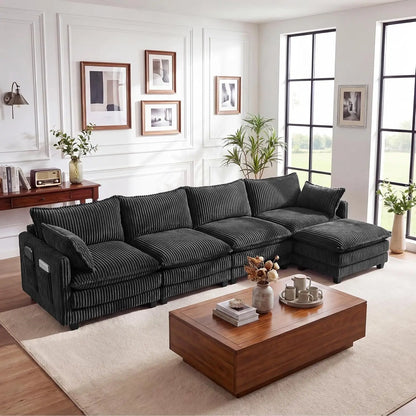 143" L Shape Modular Sectional Sofa Corduroy Upholstery Cloud Living Room 3 Seat Movable Ottoman Pillows Dark Grey Custom
