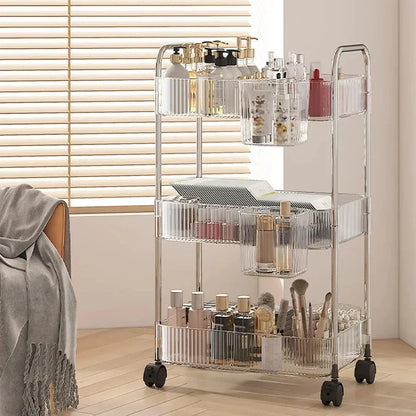 2/3/4Layers Light Luxury Storage Rack Trolley Transparent Acrylic Rolling Cart With Removable Hanging Baskets Snacks Bookshelf
