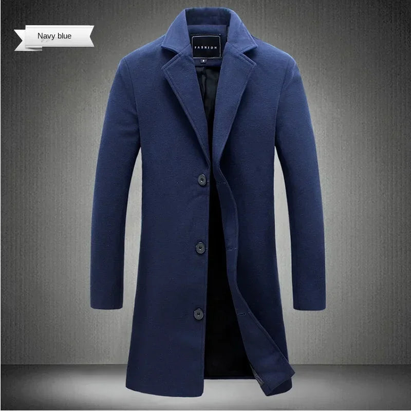 2025 New Men's Trench Coat Wool Blend Overcoat Autumn Winter Fashion Slim Fit Long Coat Business Casual Outerwear Windbreaker