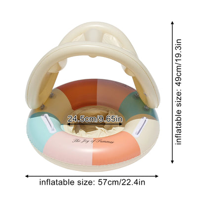 1 Pc Striped Pool Float Ring with Handles, Inflatable Swim Tube with Canopy Sunshade
