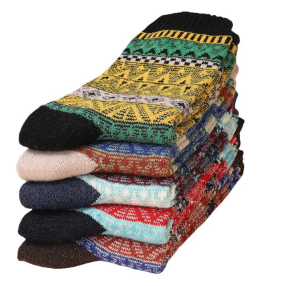 5pairs Unisex Ethnic Style Vintage Thick Wool Warm Crew Men Socks Soft Ultra-Comfortable High Quality Breathable Women's Sock