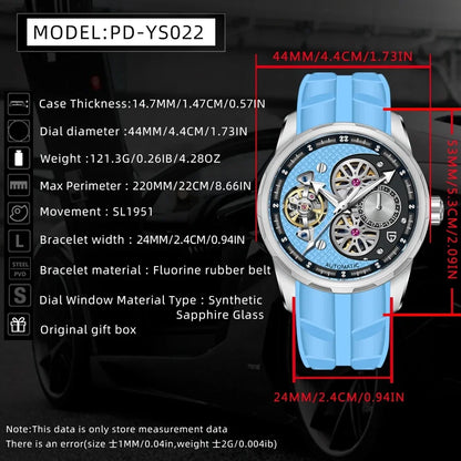 PAGANI DESIGN PD-YS022 Men's Mechanical Watch Tourbillon Skeleton Wristwatch For Men Fluorine Rubber Strap Automatic Watches