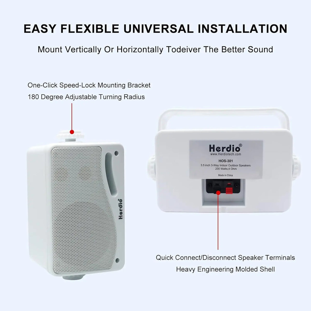 Herdio 3.5‘’ Outdoor Speakers Passive Wired Waterproof 200W 3 Way Premium Mountable Wall Mount Speakers With Superior Sound 2PCS