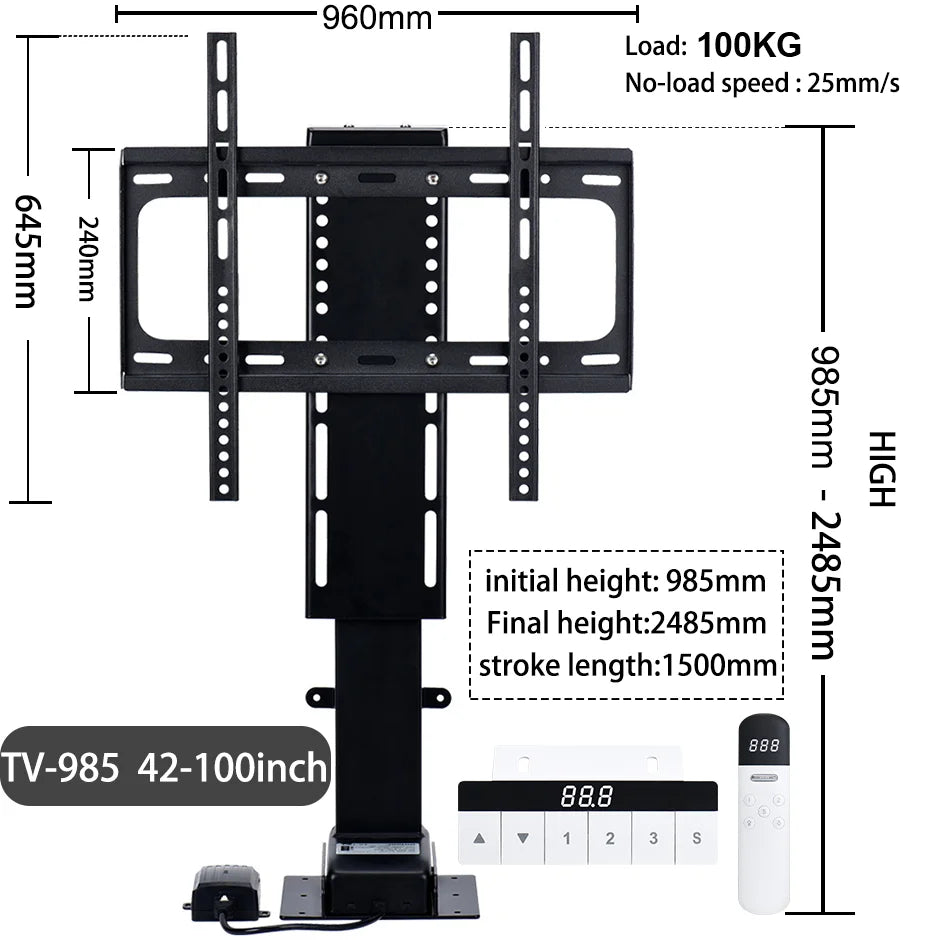 Motorized TV Lift for 32“ ~100" TVs,Height Adjustable TV Stand and Wall Mount Remote Control and Memory Setting Lift TV Bracket