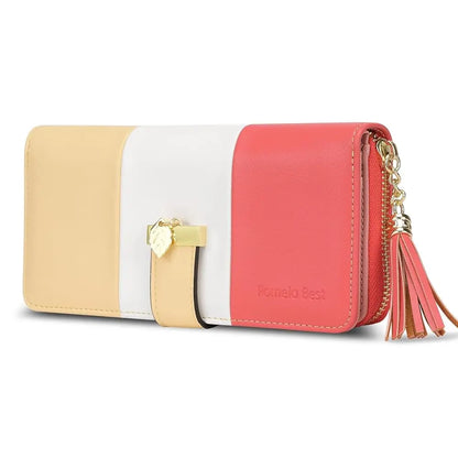 Pomelo Best Tri‑Color Women's Wallet PU Leather Long Zipper RFID Blocking Large Capacity 9 Card Slots Tassel Pendant Fits Phone