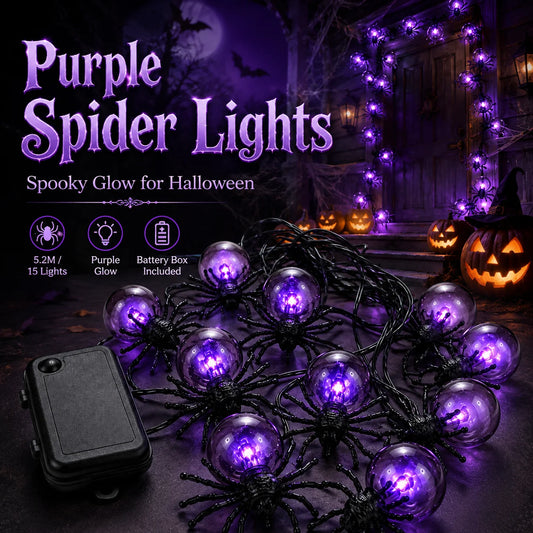 Halloween Lights Spider String Lights Battery Operated 5.2M 15LED Purple Fairy Garland for Porch Window Haunted House Decor