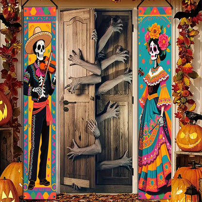 Day Of The Dead Door Banner Set Skeleton Couple Polyester Cloth Dia De Los Muertos Halloween Porch Sign For Indoor Outdoor Decor