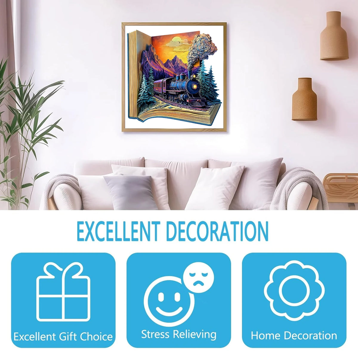 Wooden Puzzle for Adults - the Train in the Book Puzzle, Unique Shape Wooden Jigsaw Puzzles, Modern Art Home Decor
