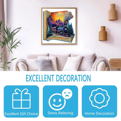Wooden Puzzle for Adults - the Train in the Book Puzzle, Unique Shape Wooden Jigsaw Puzzles, Modern Art Home Decor