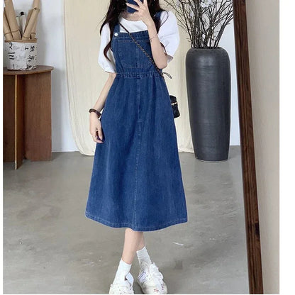 New 2025 Fashion Women's Denim Suspender Dress Causal Female High Waist A-line Solid Strap Jean Dresses Woman