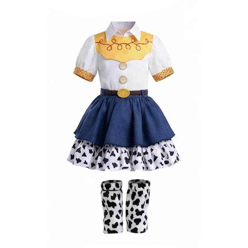 2026 Cool Girl Western Cowgirl Suit Double Layer Cow Print Skirt With Leg Warmers Kid Toy Party Movie Costume Fancy Jessie Dress