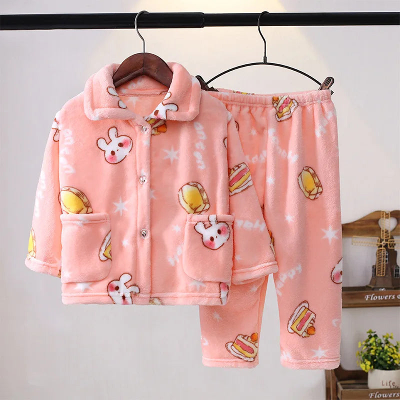 Girls' sleepwear long sleeved flannel children's sleepwear autumn and winter coral fleece boys' baby children's home Clothing se