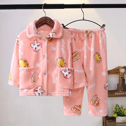 Girls' sleepwear long sleeved flannel children's sleepwear autumn and winter coral fleece boys' baby children's home Clothing se
