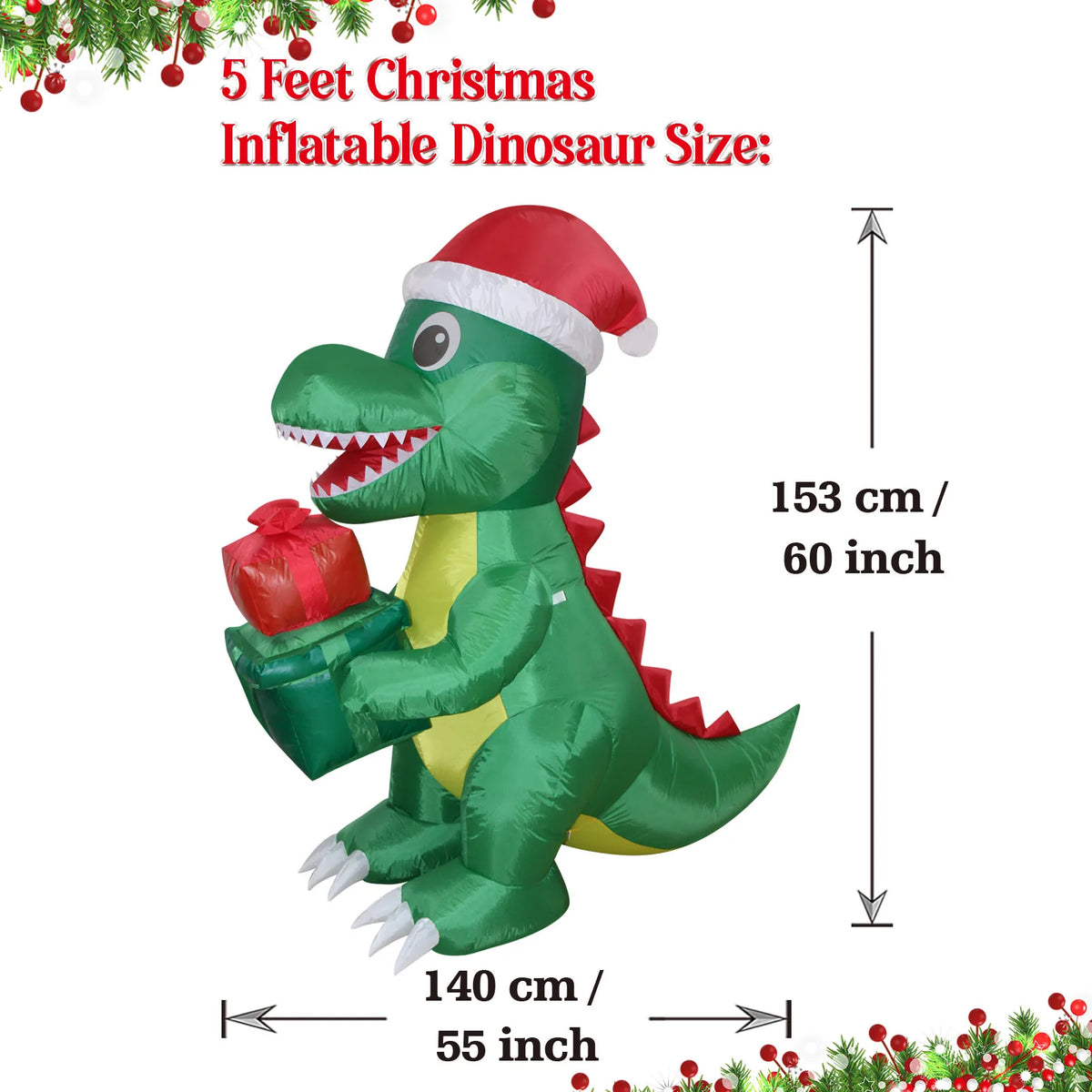 1.5m Christmas Inflatable Dino Giftbox LED Lighted Blow Up Outdoor Yard Lawn Decoration for Home Garden Winter Holiday Party