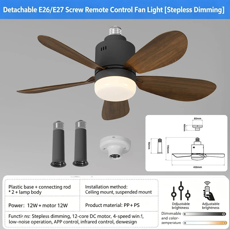 E26/E27 Socket LED Fan Light with Remote & APP 52.5cm 4 Speed Socket Ceiling Fans with Lighting Light Bulb Fan for Bedroom Home