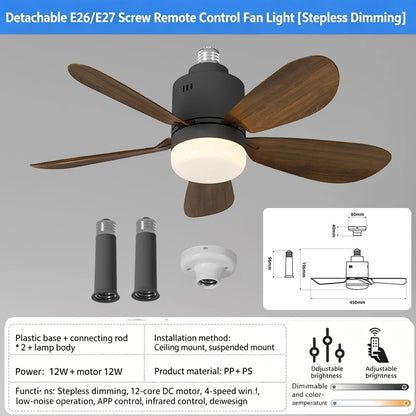 E26/E27 Socket LED Fan Light with Remote & APP 52.5cm 4 Speed Socket Ceiling Fans with Lighting Light Bulb Fan for Bedroom Home