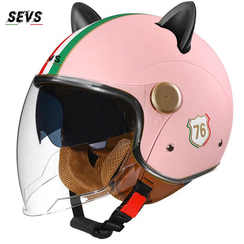 Motorcycle Helmet Retro 3C & DOT Certified Half Face ABS Helmet Dual Visor Hidden Sun Shield Removable Cute Cat Ears