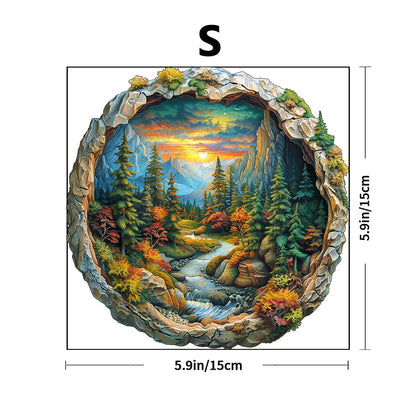 3D Wooden Circular Puzzle - Green Forest Sunset Scene, Family Game Activities, Wooden Home Decoration Gifts