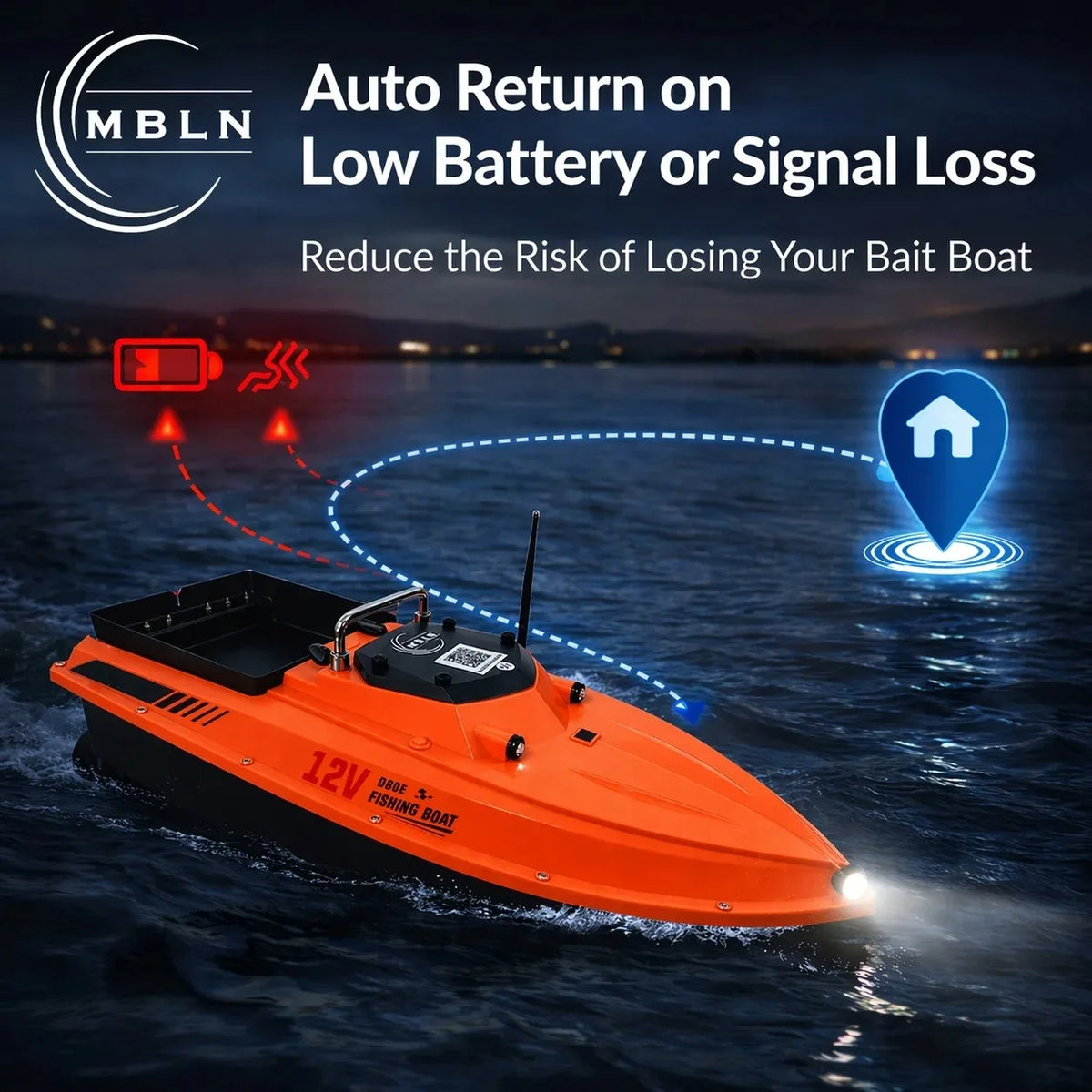 MBLN,12V GPS Large Bait Boat,  3kg Load Capacity, 500m Remote Range, Auto Return, Baiting Hook Delivery and Net Pulling