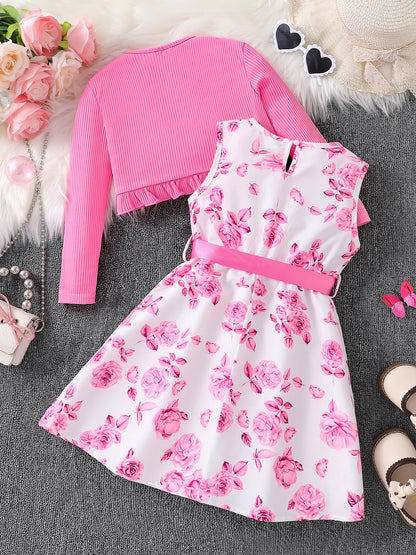 Children's Clothing Girl Autumn Fashion Casual Pink Floral Dress Set 2-Piece Set - Pink Round Neck Vest + Pink Floral Skirt