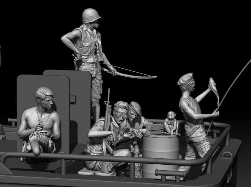 1/35 Scale Die-Cast Resin Figure Model Kit Boat Crews & Animals 5 Figures (No Boat) Unassembled and Unpainted
