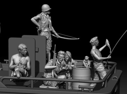 1/35 Scale Die-Cast Resin Figure Model Kit Boat Crews & Animals 5 Figures (No Boat) Unassembled and Unpainted