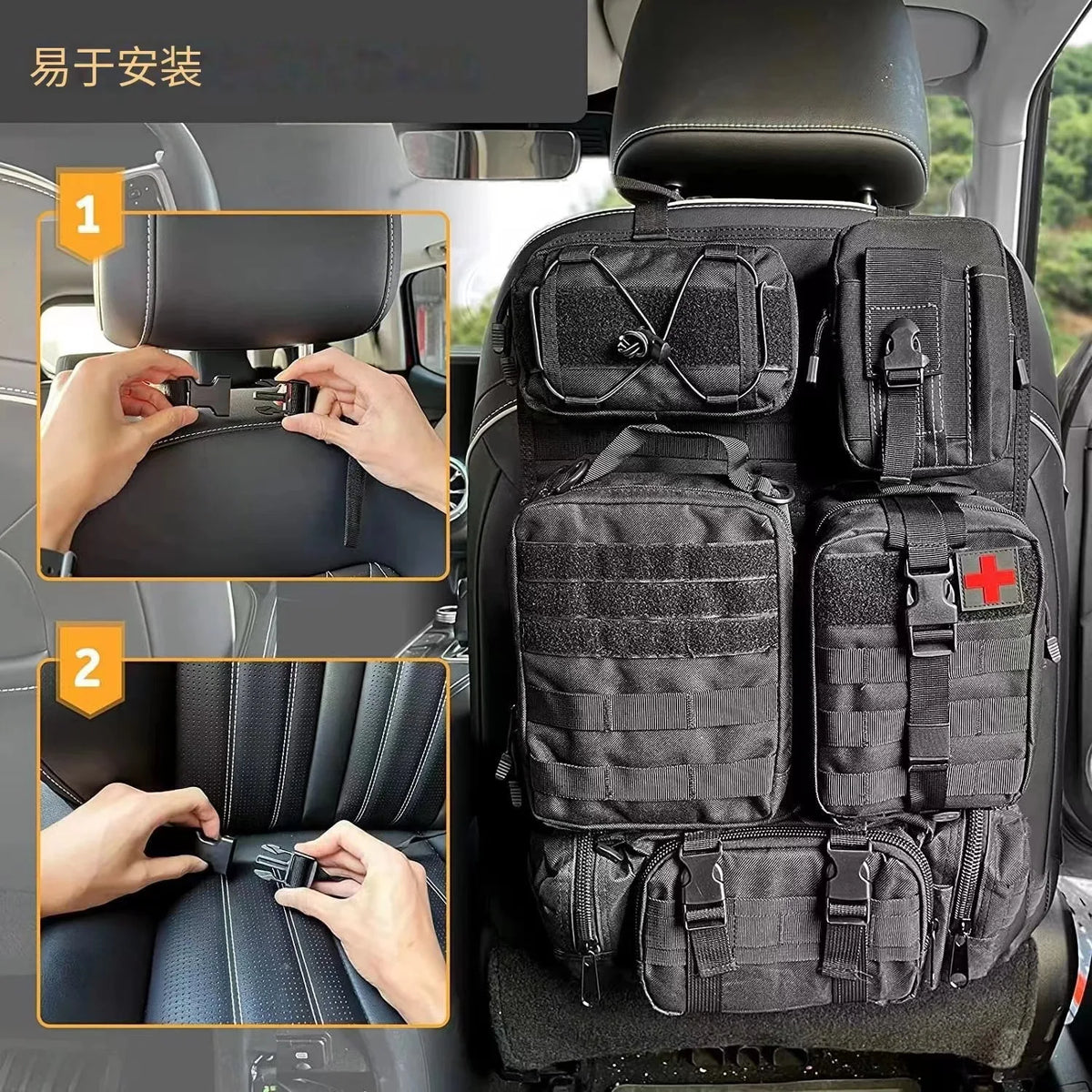 Tactical Car Seat Back Organizer Tactical Vehicle Panel Organizer with 5 Detachable Molle Pouches Universal Fits Most of Vehicle
