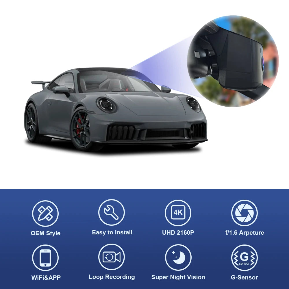 Fitcamx 4K Dash Cam for 2025 2026 Porsche 911 (992.2), OEM Integration Car DVR, 2160P Driving Recorder WiFi APP Control G-Sensor