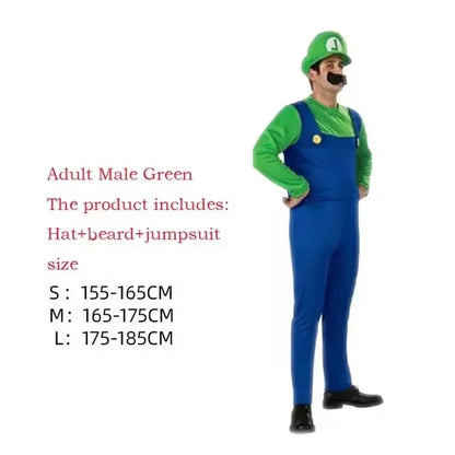 Anime Super Luigi Brothers Cosplay Adult Costume Super Brothers CostumeJumpsuit Beard Hat Set Halloween Costume Props Men Womens