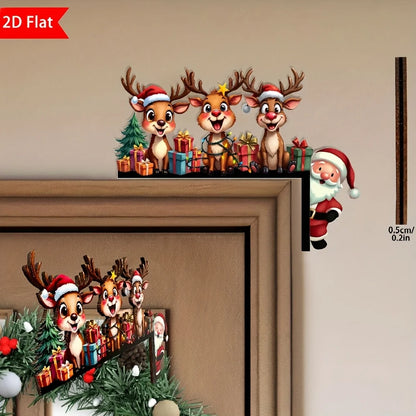 1Pcs 2D Christmas Corner Sign Elk Gift Santa Claus Frame Wooden Door Sitter Home Wall Decors Festive Xmas Decor Gifts