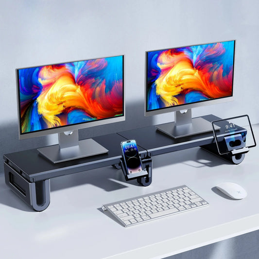 Eary Dual Monitor Stand Riser Length Adjustable Laptop Monitor Desktop Organizer Stand with Phone Tablet Holder for Home Office
