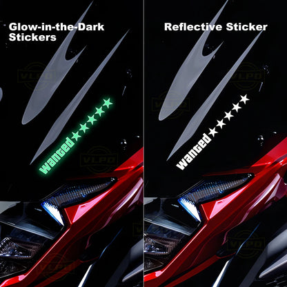 2pcs Motorcycle Glow Stickers Wanted 5 Stars Waterproof Decal for Motorbike Front Fairing Tail Box Side Boxes Decor Accessories