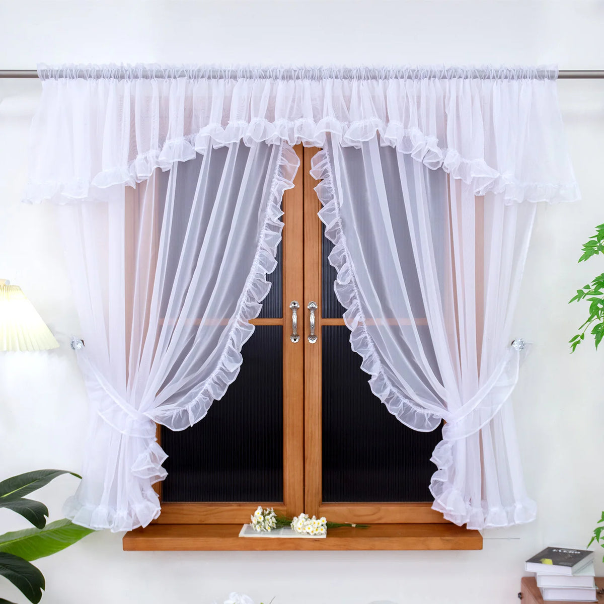 1PC Rod Pocket White Ruffle Edge Sheer Curtain, Light Filter Window Drape, For Kitchen Living Room, Sweet Housewarming Gift
