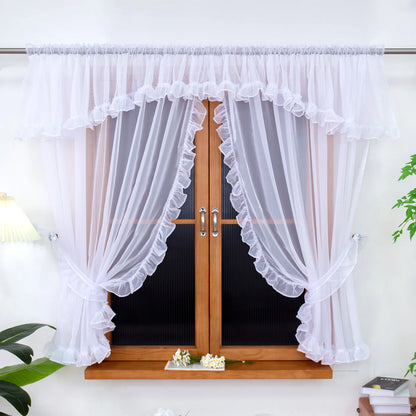 1PC Rod Pocket White Ruffle Edge Sheer Curtain, Light Filter Window Drape, For Kitchen Living Room, Sweet Housewarming Gift