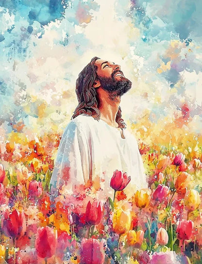 Graffiti Christian Jesus With Child Art Posters Christian Faith Jesus Walking In Flower Field Canvas Painting Bedroom Home Decor