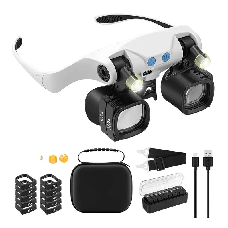A93Z jewelers magnifying glass with light featuring interchangeable lens pairs and LED lights for close work.
