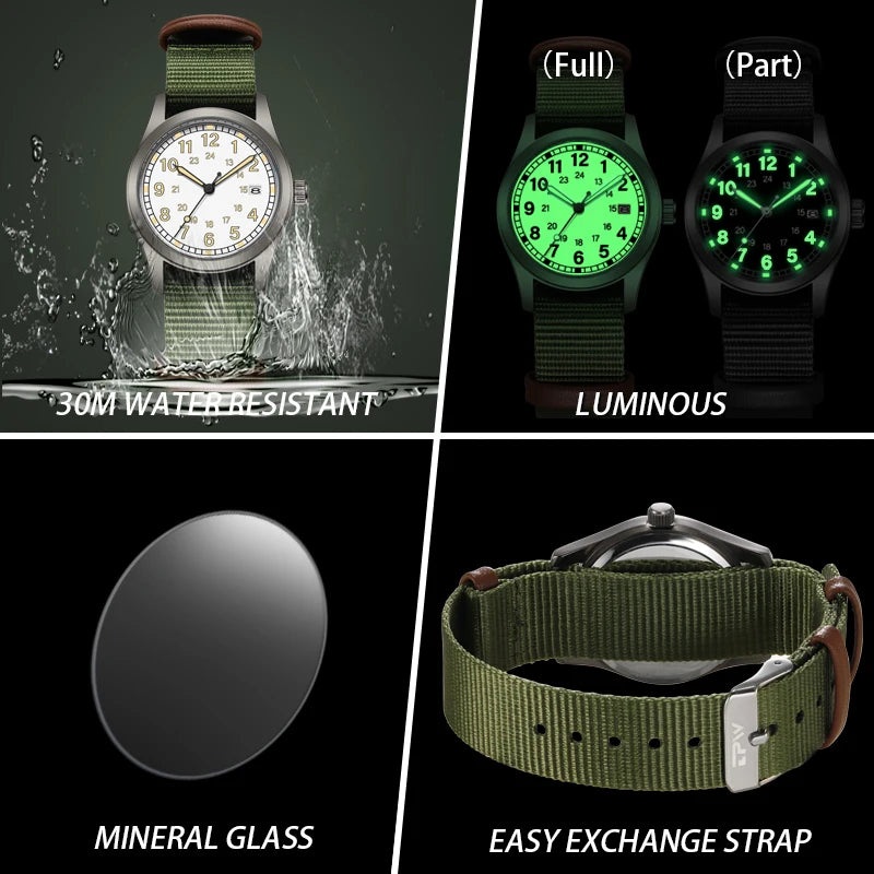 2026 TPW Women's Field Watch 34mm Case Easy Read Fabric Strap 24hr Display Day Function Quartz Movement Luminous