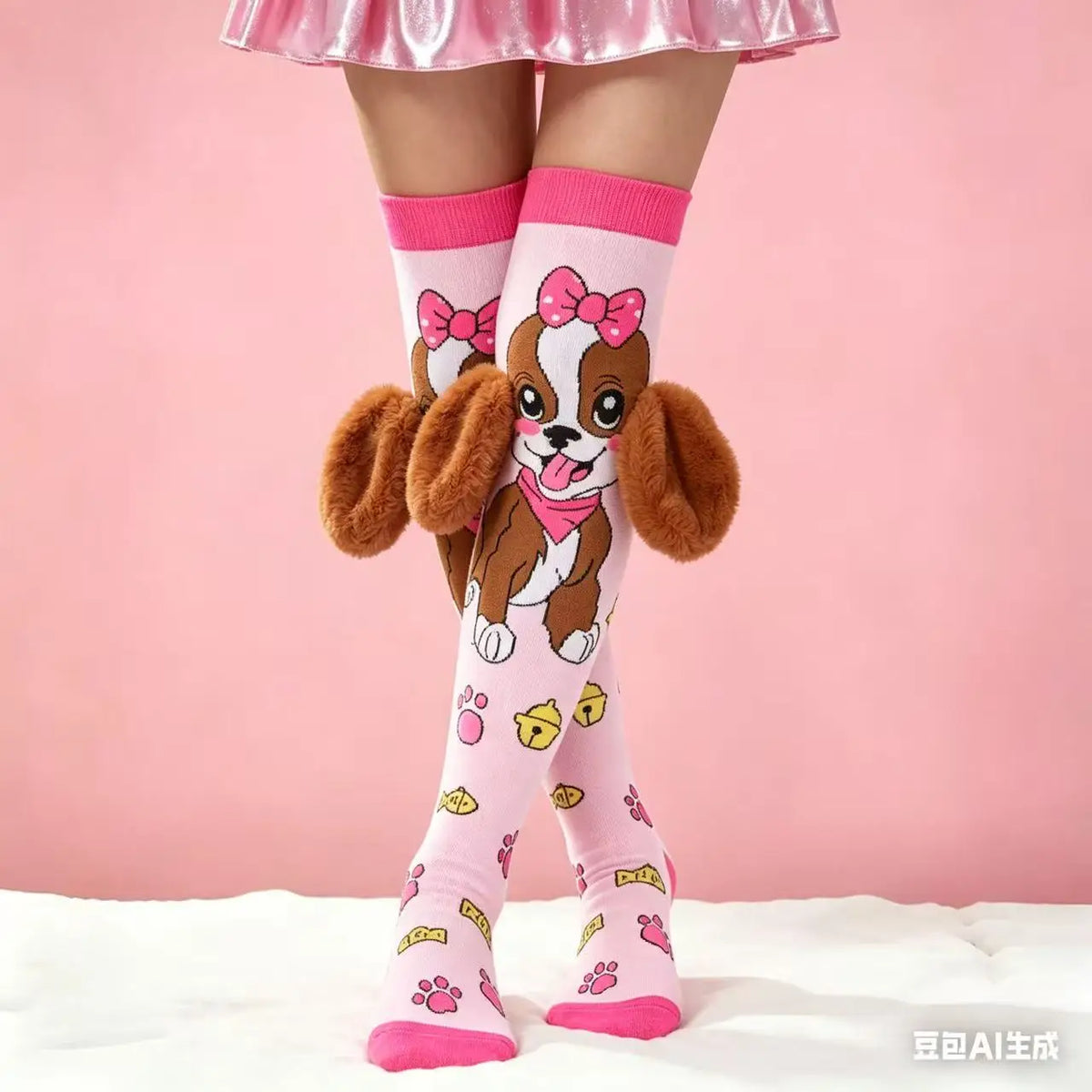 1 pair of pink, light blue cute cartoon dog girl and knee socks-with cute 3D ears, very suitable for casual clothes and gifts, h