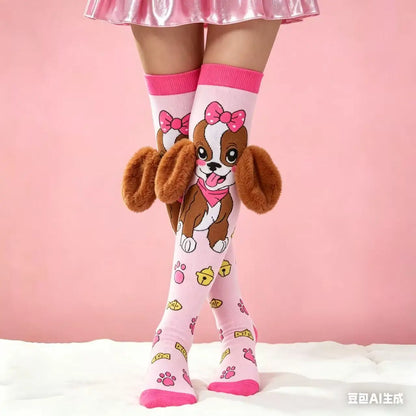 1 pair of pink, light blue cute cartoon dog girl and knee socks-with cute 3D ears, very suitable for casual clothes and gifts, h