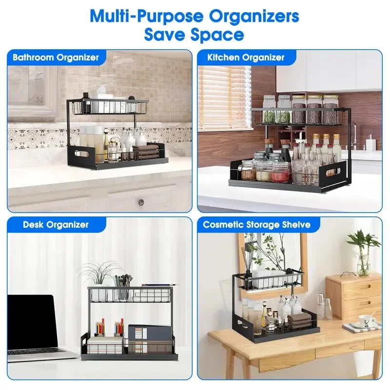 2 Tier Sliding Under Sink Storage Rack Rustproof Metal Iron Pull Out Basket Organizer for Kitchen Bathroom Cabinet Home Storage