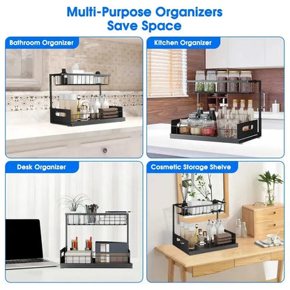 2 Tier Sliding Under Sink Storage Rack Rustproof Metal Iron Pull Out Basket Organizer for Kitchen Bathroom Cabinet Home Storage