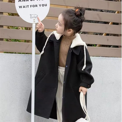 Kids Tweed Jacket Girls Warm Overcoat Autumn Medium-Length Coat Spring Hooded Windbreaker New Casual Single-Breasted Clothing