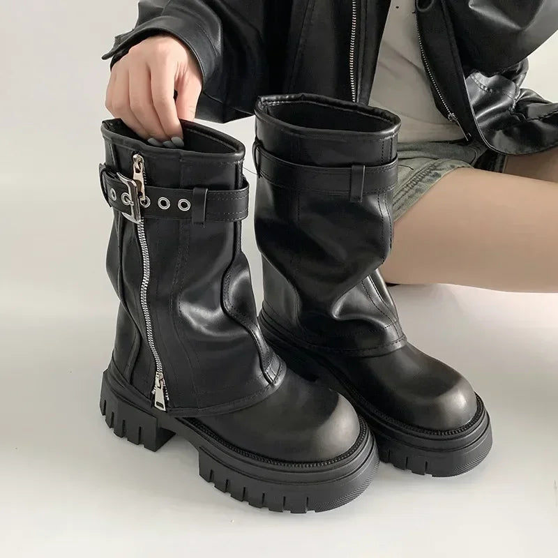 Winter Women Biker Boots Fashion Belt Buckle Ladies Elegant Platform Long Pipe Booties Casual Women's Knee High Booties2024