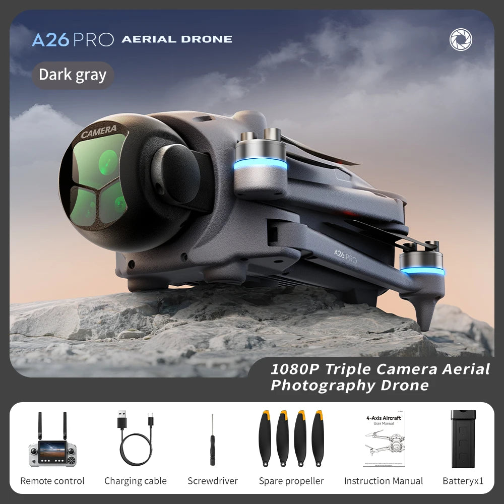 Original A26 Pro FPV HD Drone  4K Triple Camera Brushless Motor Obstacle Avoidance Foldable RC Quadcopter Drone for Adults Kids