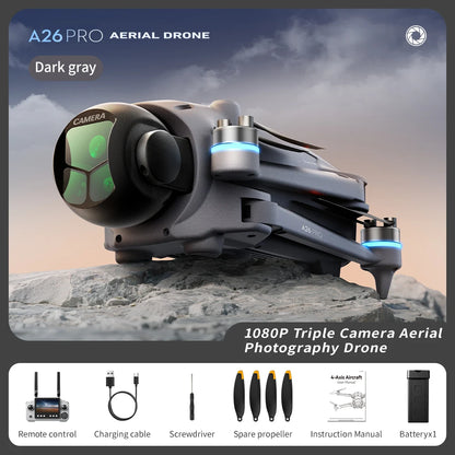 Original A26 Pro FPV HD Drone  4K Triple Camera Brushless Motor Obstacle Avoidance Foldable RC Quadcopter Drone for Adults Kids