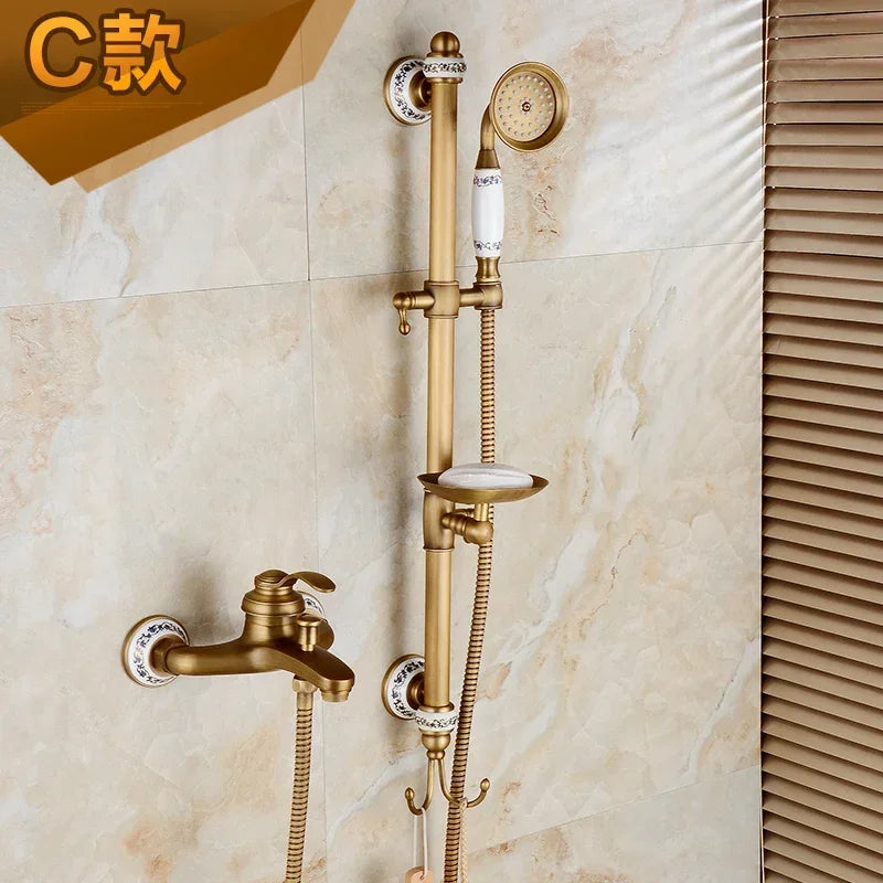 Brass Luxury Bathroom Shower Antique Bronze Finished Wall Mounted Lifting Bathroom Shower Mixer Set Portable Shower
