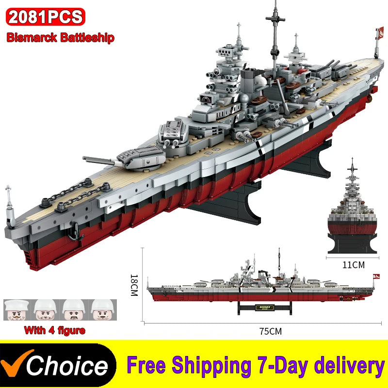 2081pcs Military WW2 Bismarck Battleship Large Boat Cruiser Model Weapon Building Blocks MOC Warship Set Toys for Children Gifts