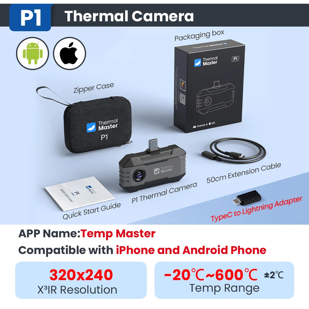 (for iPhone&Android) P1 Android Thermal Camera for iPhone 320*240 X³IR Resolution 600℃ 25Hz HVAC House Inspection Camera