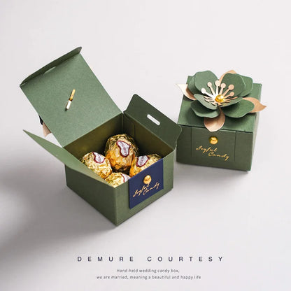 10pcs Forest Style Green Wedding Candy Box Square Three-dimensional Flower Box Packaging Gift Box Wedding Favors for Guests